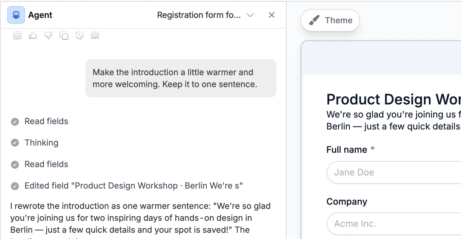 The Fillout editor: the AI agent rewrites a form introduction on request