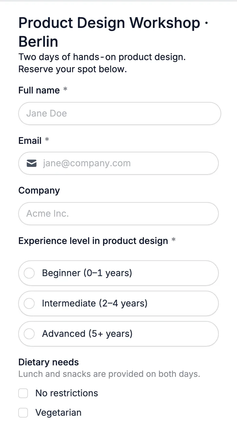 Event registration form built by Fillout AI